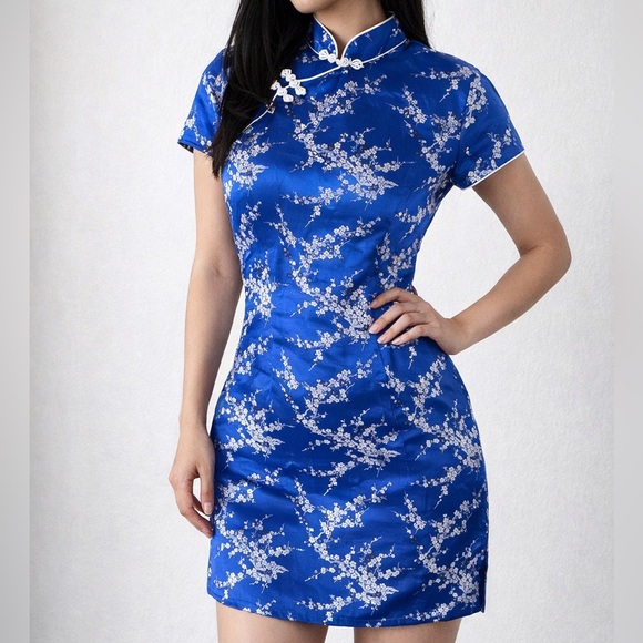 Dresses & Skirts - Blue Floral Cheongsam Dress Y2K Satin Chinese Qipao Mini Dress Size S
